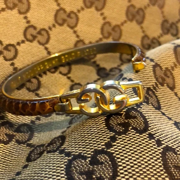 Vintage Gucci Gold GG Brown Snakeskin Bracelet - Picture 3 of 6